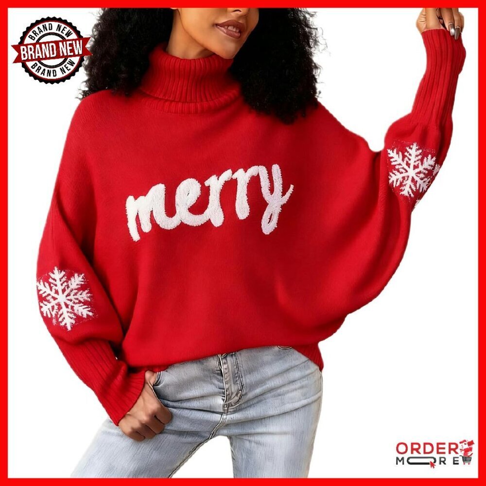 Oversized Turtleneck Christmas Sweater Batwing Sleeves Pullover